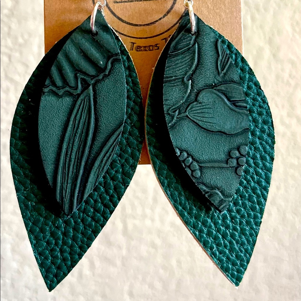 Long Leaf Dark Green & Flower Green Embossed Colors Faux Leather Earrings